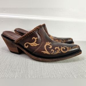 Liberty Black Size 9 Brown Leather Mules Embroidery Western Cowboy